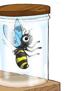 Cartoon of a bee trapped in a jar
