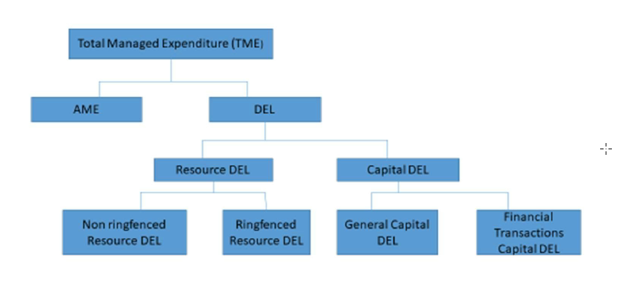 Budget structure: Total Managed Expenditure (TME) braches off to AME and DEL; DEL branches off to Resource DEL and Capital DEL; Resourced DEL branches off to Non ringfenced Resource DEL and Ringfenced Resource DEL; Capital DEL braches off to General Capital DEL and Financial Transactions Capital DEL