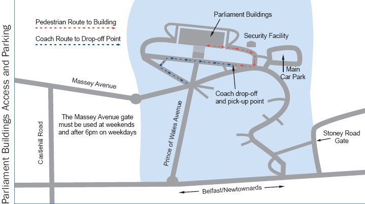 A picture of a map showing the various bus drop-off point and car parking options around Parliament Buildings
