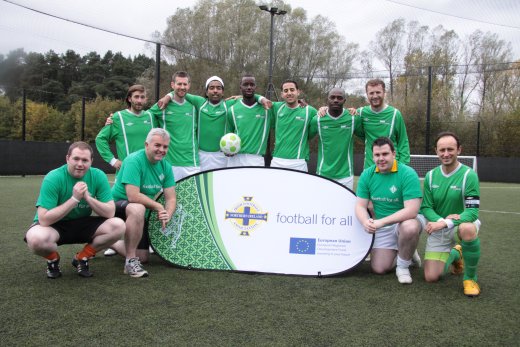 MLAs join forces with 'World United' to help promote the IFAs Football Against Racism Europe campaign. Pictured with the 'World United' team are front Row L-R Chris Hazzard MLA, Jonathan Bell MLA and Phil Flanagan MLA