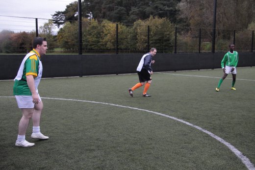 Phil Flanagan MLA mans the goals in the recent MLA football match against 'World United' organised to promote the IFAs Football Against Racism Europe campaign.