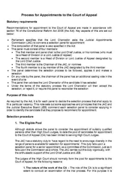 Practice Note Process for Appointments to the Court of Appeal in England and Wales