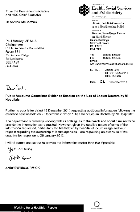 Correspondence of 22 December 2011  from Dr Andrew McCormick