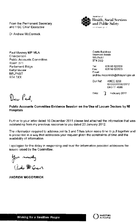 Correspondence of 3 February 2012 from Dr Andrew McCormick