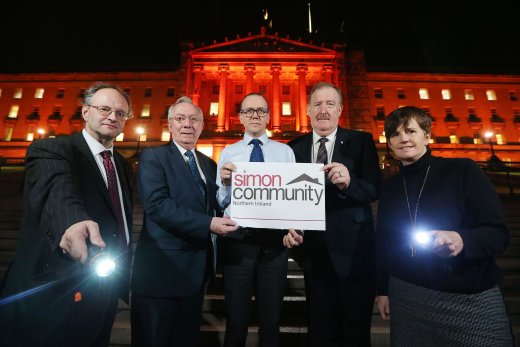 Pictured L-R: Commission Member Peter Weir MLA, Commission Member Samuel Gardiner MBE MLA, Jim Dennison Chief Executive Simon Community NI, Commission Member Pat Ramsey MLA and Commission Member Caitríona Ruane MLA. 