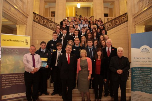 Students from East and West Belfast who took part in a recent "Let's Talk" event where they put questions directly to local MLAs. Pictured front row L-r are Michael Copeland MLA, Alban Maginness MLA, BBC Political Correspondent Martina Purdy, Rosaleen McCorley MLA, Stuart Dickson MLA and Sammy Douglas MLA.