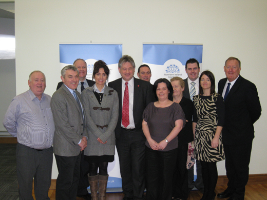 (from L to R) Fra McCann MLA (Committee Member), Thomas Buchanan MLA (Deputy Chairperson of the Committee), David Hilditch MLA (Committee Member), Marie Tracey (Tracey Brothers) Basil McCrea (Chairperson of the Committee) Ciaran Rooney (Fermanagh Rural Community Initiative) Roisin McCusker (Devenish Partnership), Marion Haggins (Devenish Partnership), Phil Flanagan MLA (Committee Member), Bronwyn McGahon MLA (Committee Member) and Pat Ramsey MLA (Committee Member).