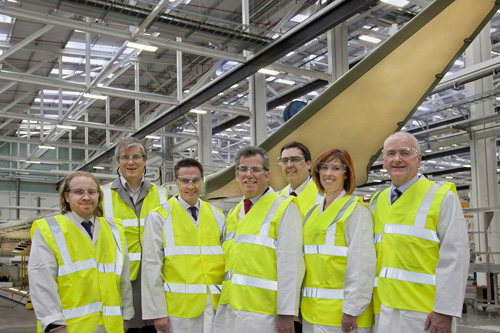 Members of the NI Assembly Committee for Enterprise, Trade and Investment saw Bombardier’s CSeries aircraft wing production at first hand during a visit to the company’s new wing facility. In addition to a tour of the 6000,000 sq ft facility, members were given a briefing on Bombardier’s impact on the Northern Ireland economy. Pictured are, from left, Steven Agnew, Russell McFadden (Vice-President of Bombardier’s wing facility), Paul Frew, Alan Maginness, Stephen Moutray, Sandra Overend and Gordon Dunne.