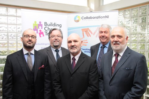 Alex Maskey MLA Chairperson of the Northern Ireland Assembly Committee for Social Development pictured with from l-r Tim London Queens University of Belfast, Seamus McAleavey Chief Executive NICVA, Frank Hewitt Chairman of BIG Lottery Northern Ireland and Bill Osborne Chairperson Building Change Trust.