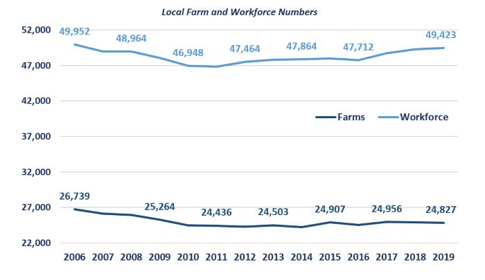 Local farm and workplace numbers from 2006 to 2019 show a 7% decline in registered farm holdings and a stable number of agriculture workforce numbers.