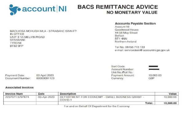 Bacs remittance advice with 'Department for Economy small business grant covid-1 for £10,000'