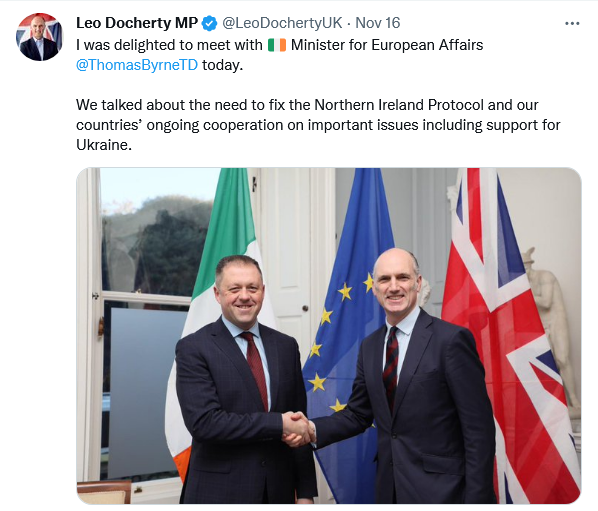 Meeting between UK Parliamentary Under-Secretary of State for Europe, Leo Docherty, and Ireland’s Minister of State for European Affairs, Thomas Byrne