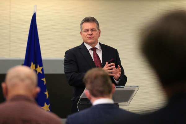 European Commission Vice-President Maroš Šefčovič speaking to the press following his meeting with Lord Frost |