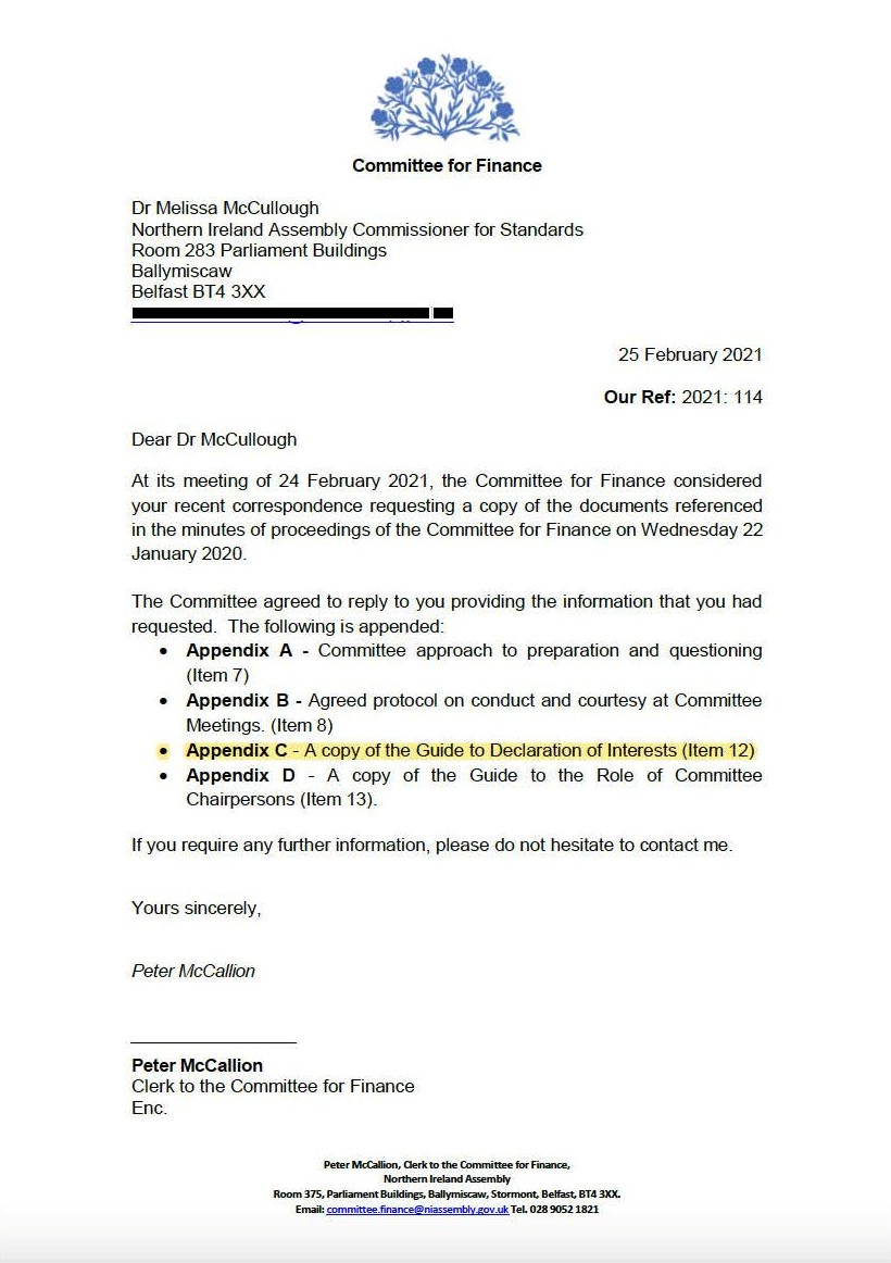 Email from the Clerk of the Finance Committee to the Standards Commissioner. A transcription of the email is provided below.