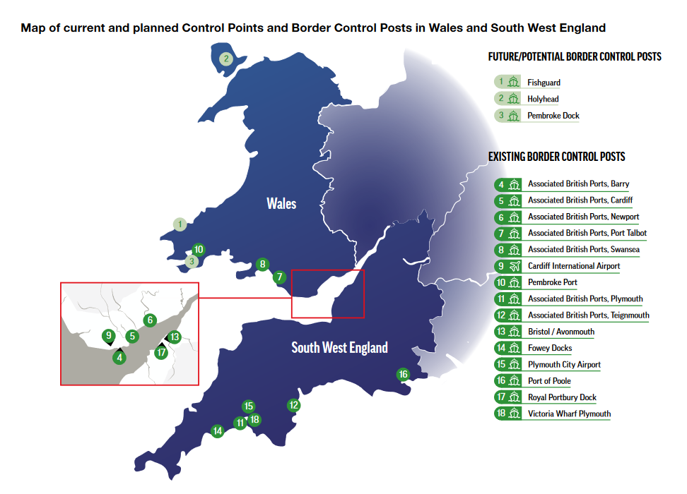 Current and planned Border Control Posts in Wales and South West England