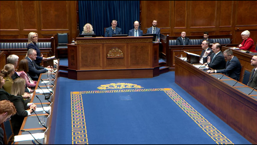 First Minister Michelle O’Neill (left) speaking at the first sitting of the restored Assembly.