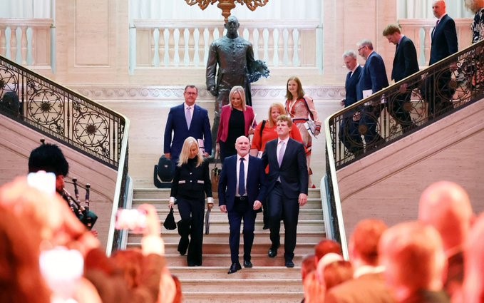 The Speaker of the NI Assembly Alex Maskey, the US Ambassador to the UK Jane Hartley, US Envoy to NI Joe Kennedy III and local party leaders Michelle O’Neill, Jeffrey Donaldson, Naomi Long, and Doug Beattie enter the Great Hall in Parliament Buildings, as part of the Senior US Business Delegation event.