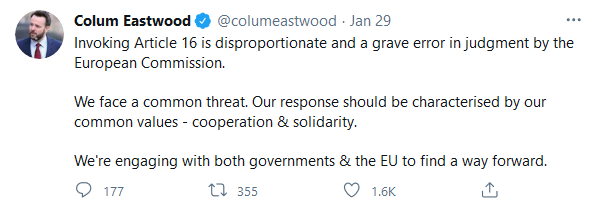 Colum EAstwood on Twitter: Invoking article 16 is disproportionate and a grave error in judgement by the European Commission. We face a common threat. Our response should be characterised by our common values - cooperation and solidarity.