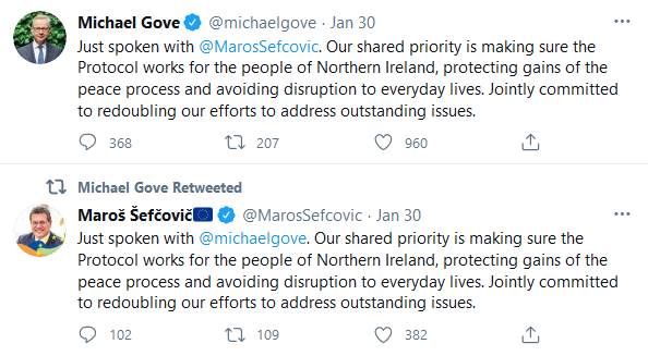 Michael Gove and Maros Sefcovic on Twitter - Our shared priority is making sure the Protocol works for the people of Northern Ireland, protecting gains of the peace process and avoiding disruption to everyday lives. Jointly committed to redoubling our efforts to address outstanding issues.