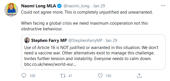 Naomi Long on Twitter: Could not agree more. This is completely unjustified and unwarranted. When facing a global crisis we need maximum cooperation not this obstructive behaviour. 