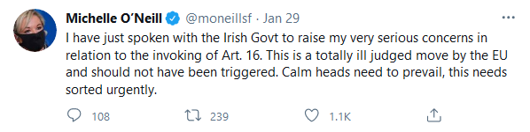 Michelle O'Neill on Twitter: I have just spoken with the Irish Government to raise my very serious concerns in relation to the invoking of Article 16. This is totally ill judged move by the EU and should not have been triggered. Calm heads need to prevail, this needs sorted urgently.