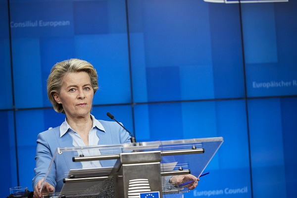 European Commission President Ursula von der Leyen speaking to the press following the European Council summit