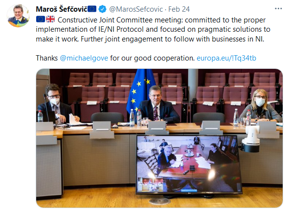 Maroš Šefčovič remarks following the meeting - Constructive Joint Committee meeting: committed to the proper implementation of IE/NI Protocol and focused on pragmatic solutions to make it work. Further joint engagement to follow with businesses in NI. Thanks @michaelgove for our good cooperation.