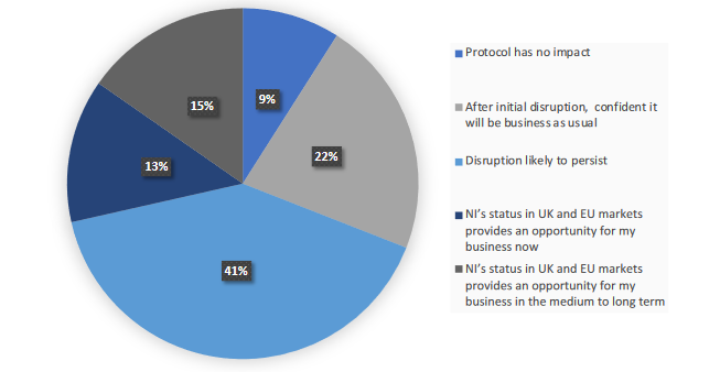Pie chart showing Confidence of manufacturing businesses for the year ahead. 9% believe Prorocol has no impact. 22% believe after initial disruption, confident it will be business as usual. 41% think disruption likely to persist. 13& believe NI's status in UK and EU markets provides an opportunity for my business now. 15% believe NI's status in UK and EU markets provides an opportunity for my business in the medium to long term.