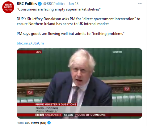 BBC Politics on TwitterDUP's Sir Jeffrey Donaldson asks PM for "direct Government interventionto ensure Northern Ireland has access to UK internal market. PM says goods are flowing well but admits to "teething problems"