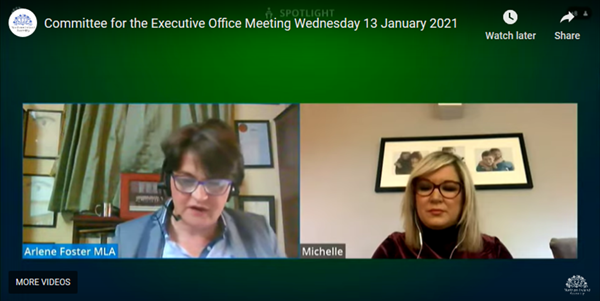 Arlene Foster and Michelle O'Neill address the Committee for the Executive Office on Thursday 14 January 2021