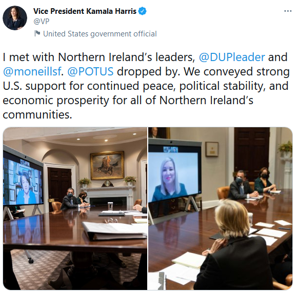 US Vice President on Twitter - I met with Northern Ireland's leaders, Arlene Foster and Michelle O'Neill. POTUS dropped by. We conveyed strong US support for continued peace, political stability, and economic prosperity for all of Northern Ireland's communities.