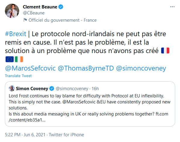 French and Irish Ministers respond to Lord Frost’s article on the Protocol - Clement Beaune: The Northern Irish protocol cannot be called into question. It's not the problem, it's the solution to a problem we didn't create