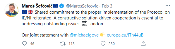 Maros Sefcovic on Twitter - Shared commitment to the proper implementation of the Protocol on IE/NI reiterated. A constructive solution-driven cooperation is essential to addressing outstanding issues