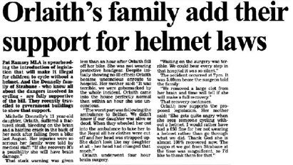 Orlaith's family add their support for helmet laws