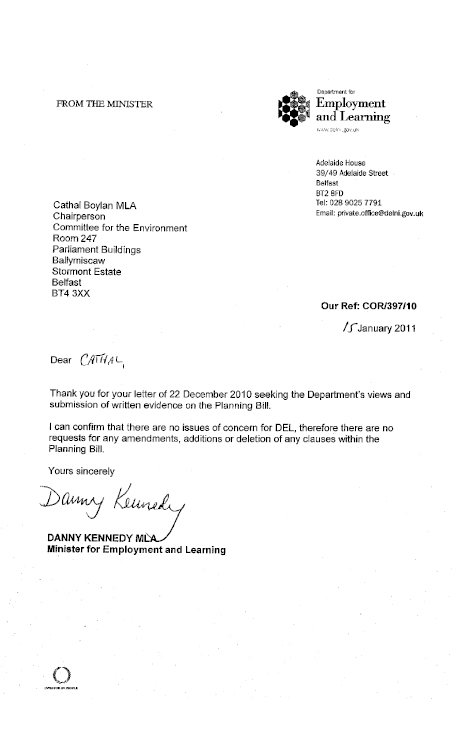Department of Employment and Learning Submission to the Planning Bill