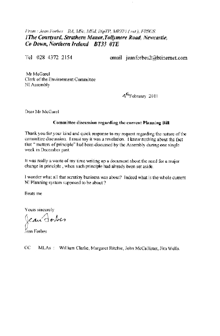 Letter from Jean Forbes re Planning Bill