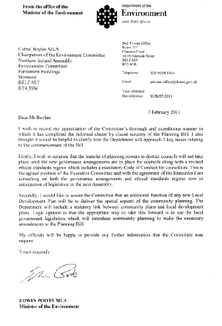 Letter to Chair from Minister re the Commencement of the Planning Bill