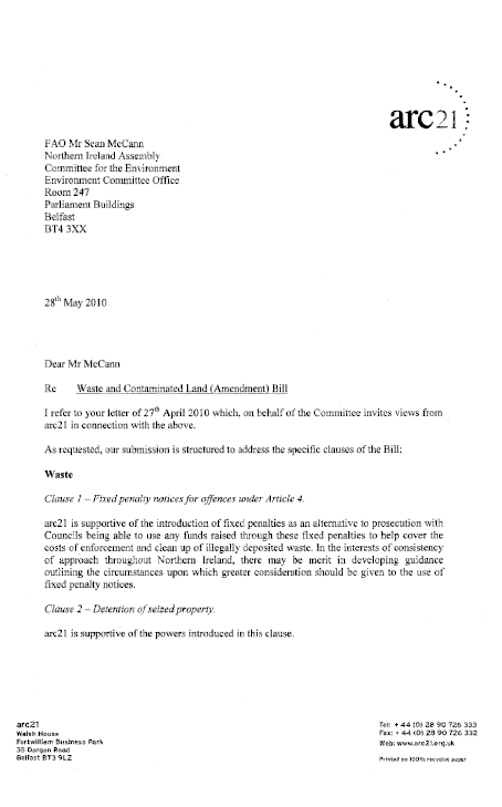 arc21 Written Submission to the Waste and Contaminated Land (Amendment) Bill