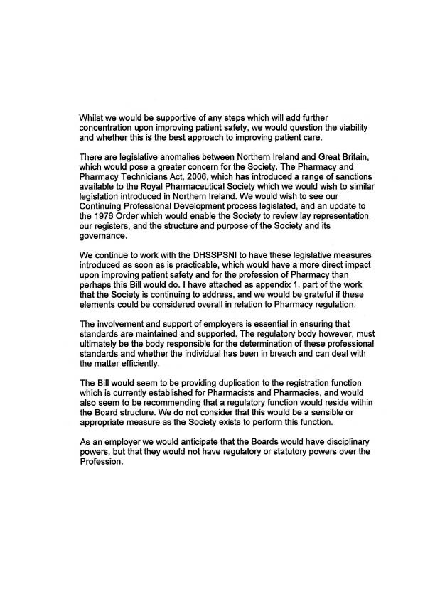 Pharmaceutical Society of Northern Ireland letter to Committee page 2