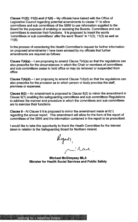 Letter from Minister re Amendments