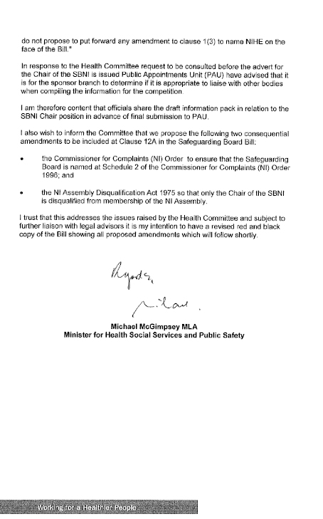 Letter from Minister re follow up from 4th November