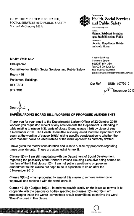 Letter from Minister re Amendments