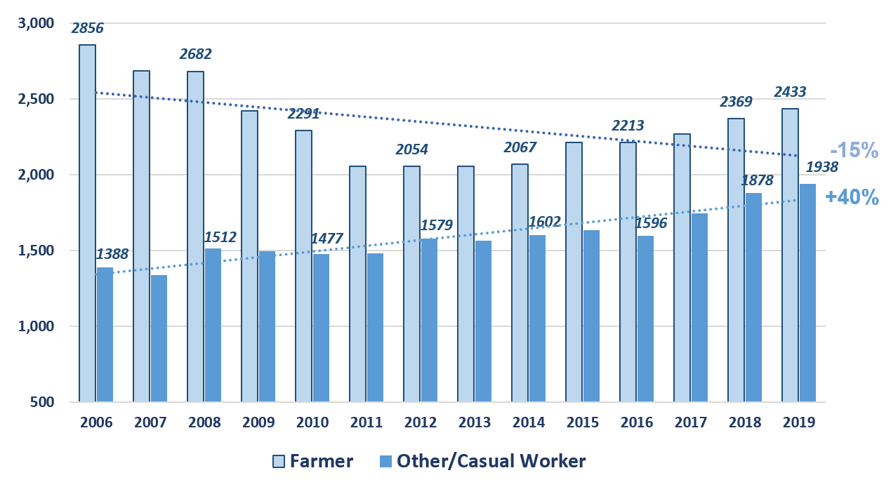 The number of local women farmers has fallen by around 15% from 2006 to 2019.  The number of women recorded as other/casual workers on farms has increased by around 40%