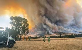 The Asia Pacific Fire in Australia in 2020 - Australia's worst fire season on record. The picture shows massive flames an bellowing smoke with firefighters attempting to combat the fire.