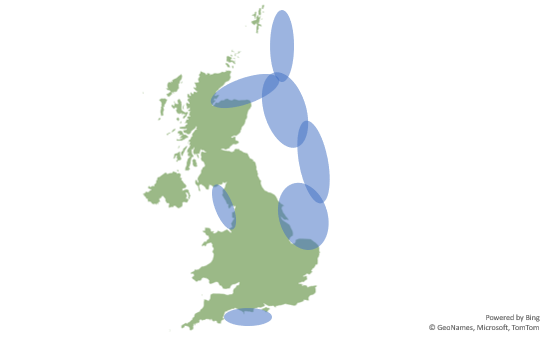 A map of Great Britain and Northern Ireland, adopted from the Climate Change Committee’s Sixth Carbon Budget, shows the potential Carbon Dioxide (CO2) storage sites located across the UK continental shelf. Most locations are in the North Sea along the east coast of Scotland and England with one location in the Irish Sea off the coast of Morecambe and one location in the English Channel off the coast of Southampton.