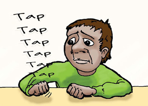 Cartoon showing a young man exhibiting repetitive behaviour by rapping his knuckles on a desk