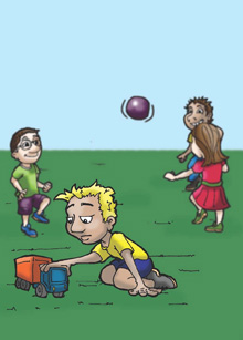 Cartoon of a young boy playing on his own while children play around him