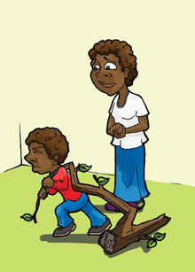 Cartoon depecting a young boy carrying a large stick with a concerned adult looking on