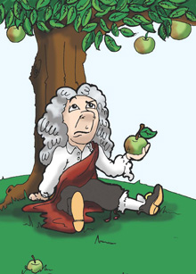 Cartoon of Isaac Newton holding an apple underneath a tree
