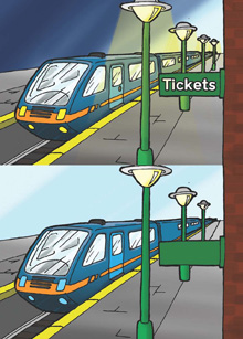 Cartoon of two similar pictures of a train sitting in a station. The main difference is that one picture shows that it is dark outside because the sky is dark and the station lights are on while the other picture appears to show the station during daylight hours. Also in the night-time picture, there is a sign that says 'Tickets' while in the day-time picture there is no text on the sign.